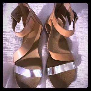 Nude leather and metallic silver sandals